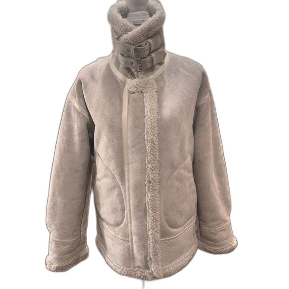 Faux Suede Shearling Aviator Biker Jacket Cream Sherpa Lined Buckle Cozy Est XL - Picture 4 of 10
